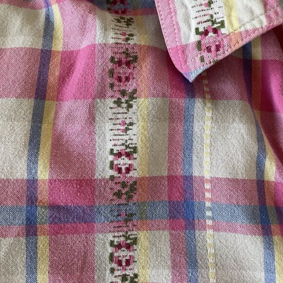 Vintage Madison Avenue Embroidered Pink Plaid Shirt M Petite Cottagecore Farmer - Picture 5 of 9